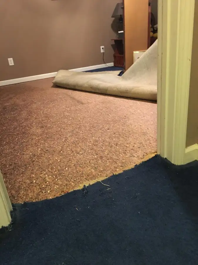 Carpet pad removal revealing water damage during Water Mitigation Services in Coweta
